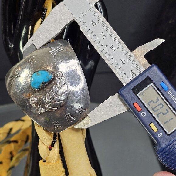 Navajo Turquoise Sterling Silver Bolo Tie With Beaded Leather Native American US - Picture 14 of 15